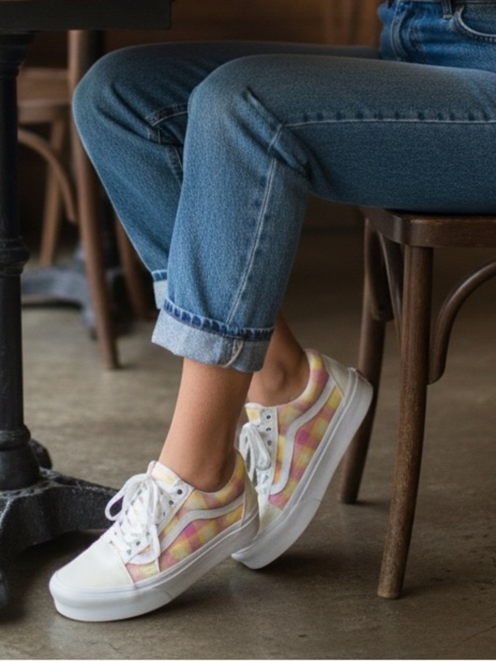 Vans Old Skool Stackform Platform Shoes Pastel Picnic Pink Yellow Plaid Size 9